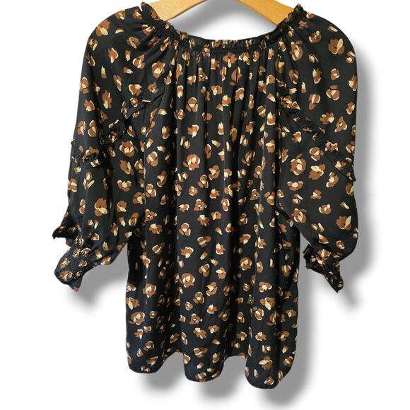 THML Women’s Black Brown Abstract Print Tassel Tie Blouse – Large - Picture 3 of 9